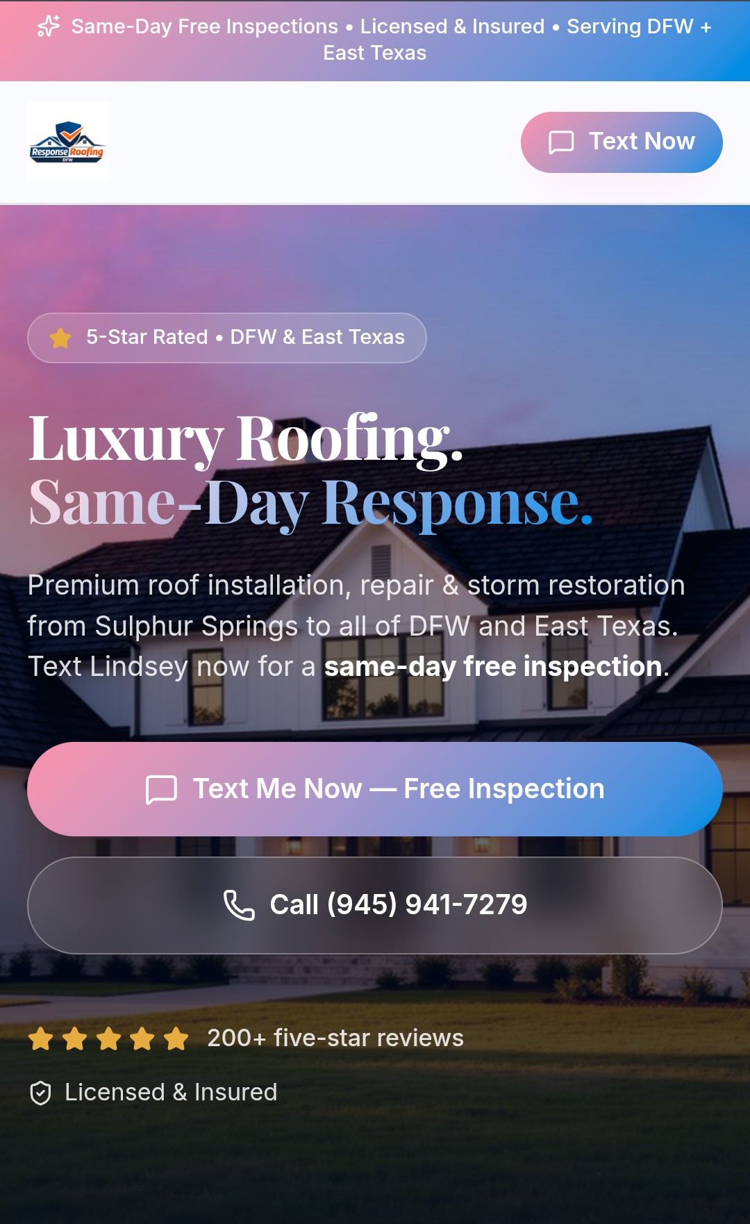 Response Roofing DFW website built by Monaco Management